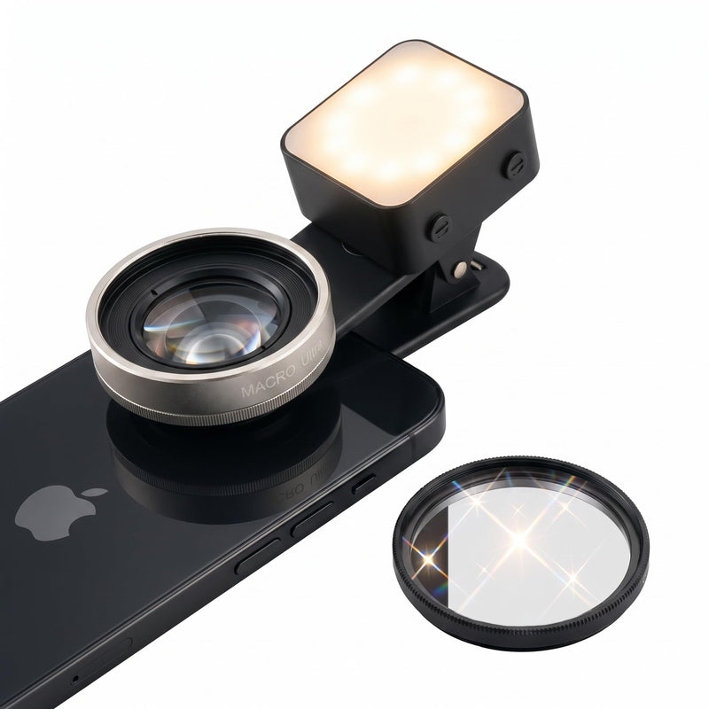 Macro Lens for iPhone 10X Phone Camera Lens Kit with Fill Light & Star Filter, Magnetic Warm/Cool Fill Light Universal Clip for Nail Art & Jewelry Photography
