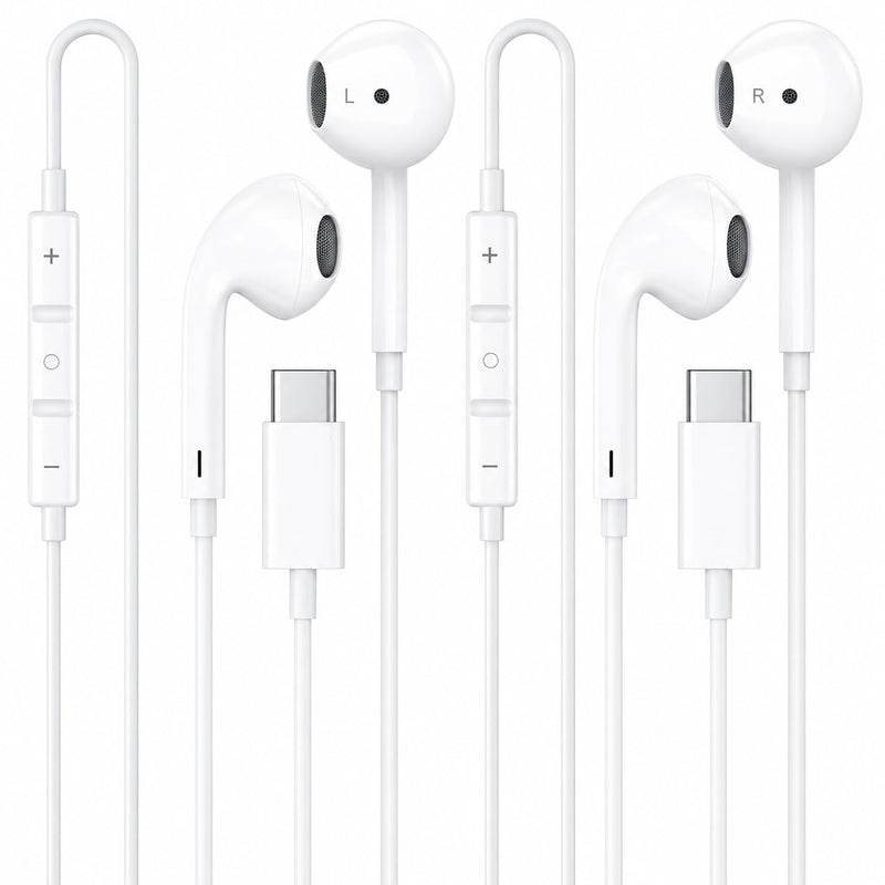 [Apple MFi Certified] USB C Headphones for iPhone, 2-Pack Wired Earphones | Built-In Remote for Music, Calls and Volume Control; Compatible with iPhone 17/16/15, Galaxy and Pixel; 5-Year Warranty. C-white