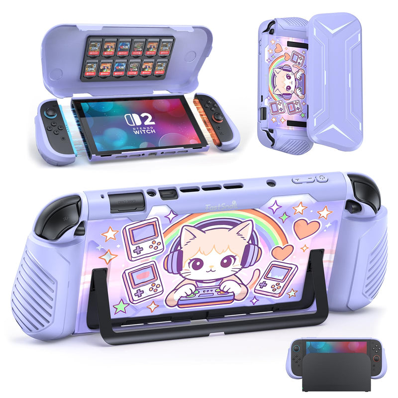 FASTSNAIL Protective Cute Case Cover for Nintendo Switch 2 with Cartoon Cat | TPU Switch 2 Dockable Case with Cat Pattern, Military Protection, Split Design, Ergonomic Grip, PC Front Cover, 12 Game Slots Purple Cartoon Cat Switch 2 Cover with Front Case