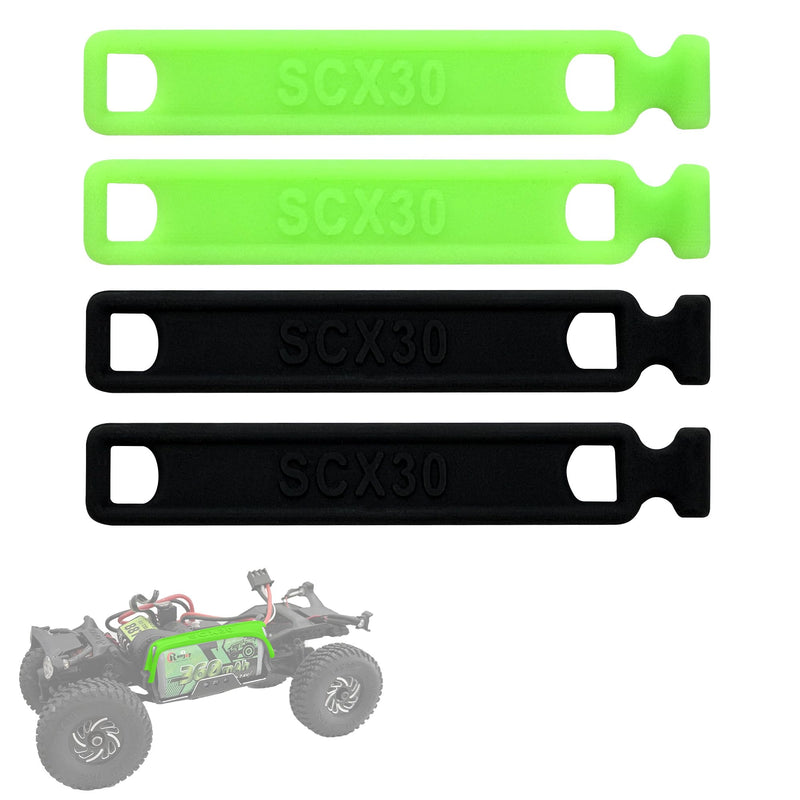 RC Battery Straps for Axial SCX30 RC Cars, 2pcs Green & 2pcs Black﻿ | Stretchable Rubber Battery Securing Straps Reusable Cable Straps Replacement Upgrade Parts for Axial SCX30 RC Crawler