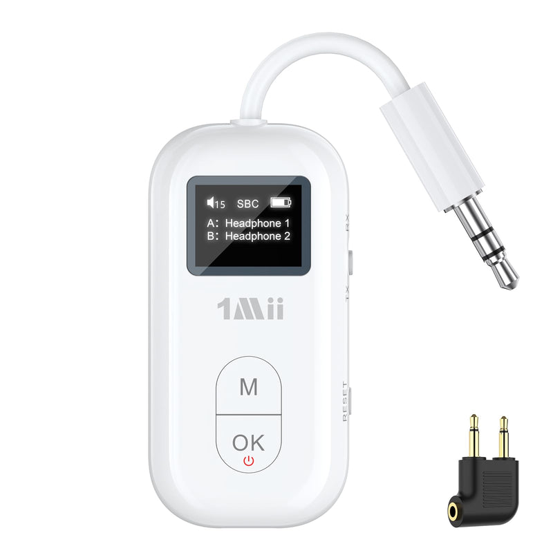 1Mii SafeFly Pro Airplane Bluetooth Adapter for AirPods Wireless Headphones | 3.5mm AUX Bluetooth Transmitter Receiver with Screen, Dual Link for Travel Flight, TV, Gym, Car/Home Stereo, 25H Battery White