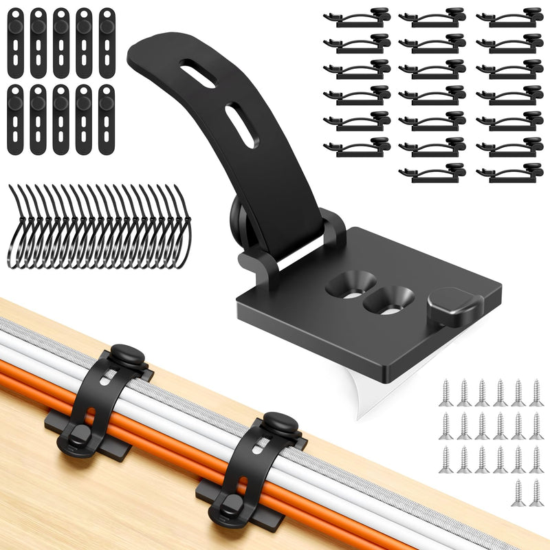 Kanemc 20PCS Cable Management Kit Adhesive Cable Clips | 20 Adjustable Cable Holders,20 Zip Ties,20 Screws&10 Extra Cable Straps, Cord Organizer for Home Office Under Desk Behind TV