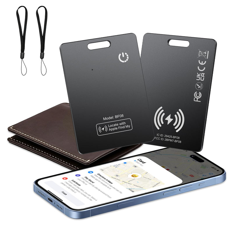 2 Pack Wallet Tracker Card [Apple MFi Certified] (iOS only), IP68 0.11in Rechargeable Smart Card Work with Apple Find My, Keys Finder and Item Locator for Passport, Bags, Laptop, Black Black2-KY8V