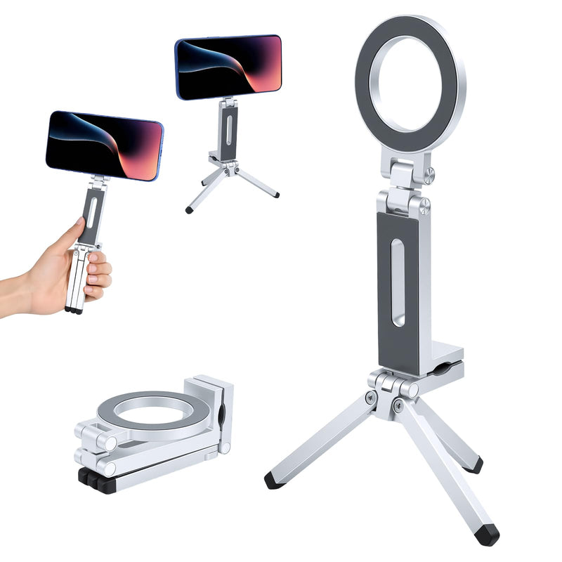 360° Rotating for MagSafe Tripod, for iPhone 17 16 15 14 13 Pro Max | Aluminum Adjustable Magnetic Phone Stand with Clip, Magsafe Tripod Stand Fits Vlog, Gym, Travel Essentials Accessories