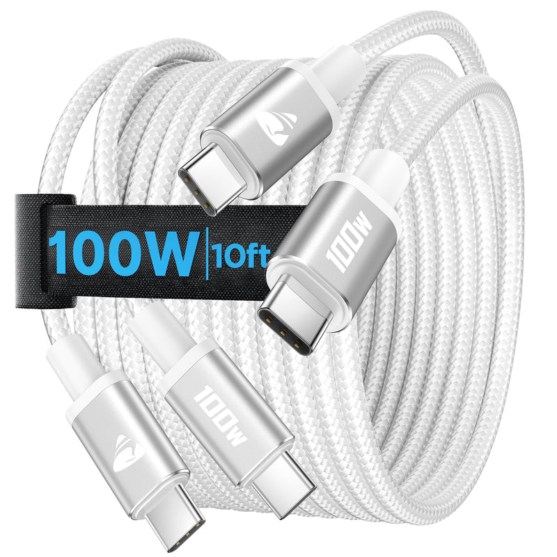 USB C to USB C Cable, 100W [10ft/2 Pack] USBC to USBC Fast Charging Cable USB C Charger Cord for iPhone 17 16 15 Air Pro Max Plus, MacBook Pro, iPad Pro, Samsung Galaxy S25/S24 Ultra, Switch, Pixel White