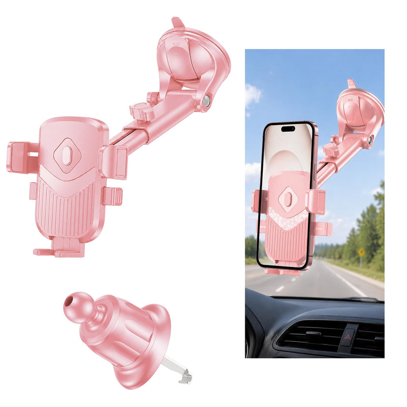Car Phone Holder, 360° Adjustable Strongest Suction Vehicle Dashboard Windshield Cell Phone Stand with Hook Clip, Adjustable Hands Free Automotive Smartphone Stand Accessories (Pink) Pink