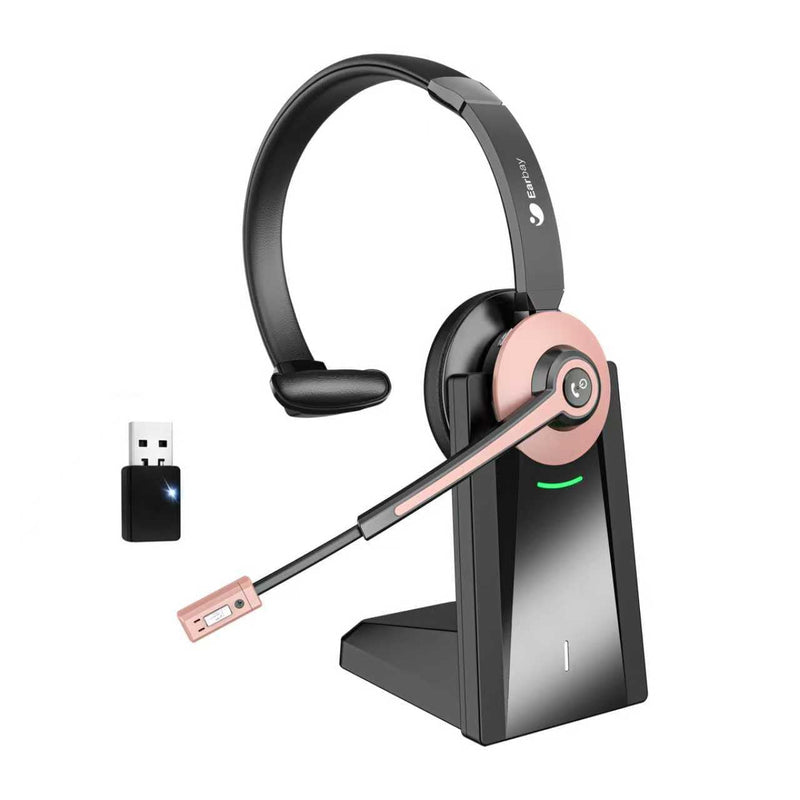 Bluetooth Headset, Wireless Headset with Noise Cancelling Microphone & Mute Function for Work, On Ear Wireless Headphones with USB Dongle & Charging Base for Work from Home Computer Office Call Center Rose Gold