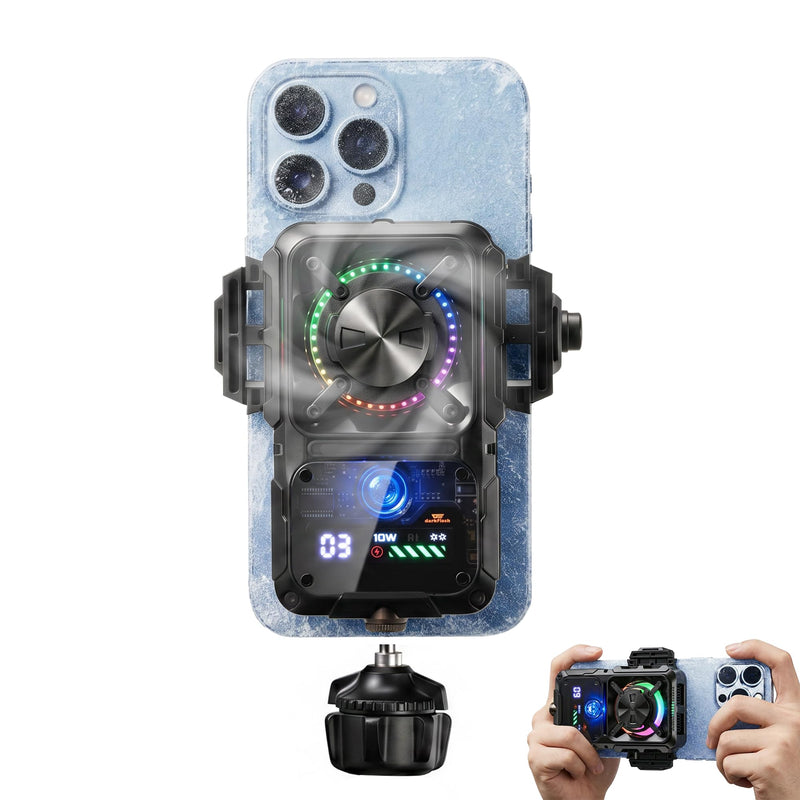 darkFlash Cell Phone Cooler for Gaming and Live Stream, 2000mAh Rechargeable Fast Cooling with RGB Light, Temperature & Battery Display, Universal Snap-On Clip Design, with Vertical/Horizontal Stand Mount