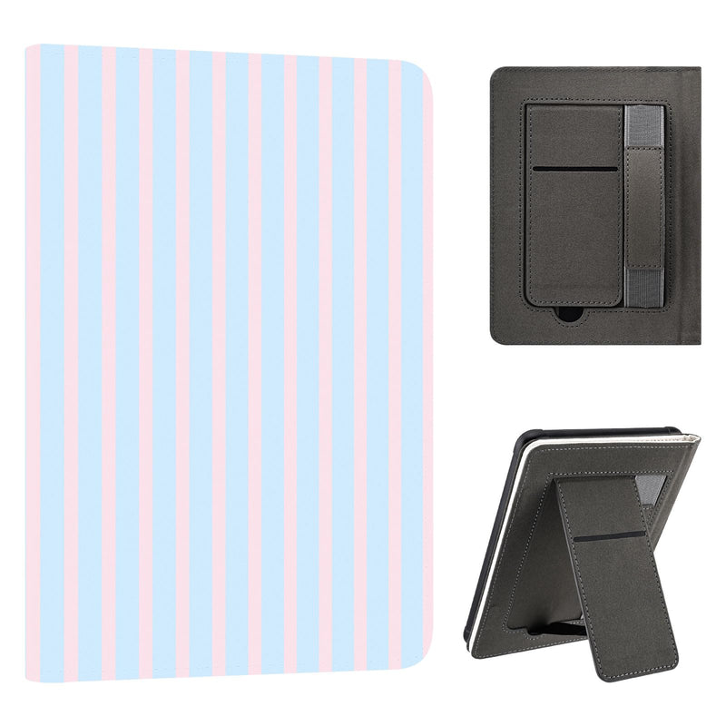 Stand Case for 7" Kindle Paperwhite 12th Pink Blue Stripes | Compatible with Kindle Colorsoft Signature Edition 2024 with Hand Strap | Slim Leather Protective Cover with Auto Sleep/Wake 7" Kindle Paperwhite 12th Generation