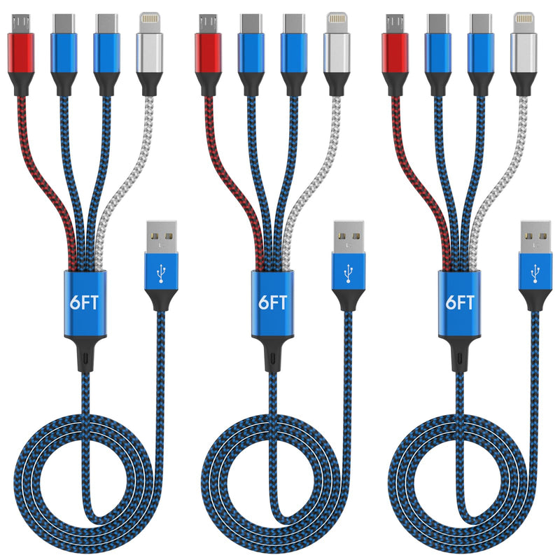4-in-1 Multi Charging Cable (3-Pack, 6FT) - Dual USB-C, Lightning, Micro | Nylon Braided Phone Charger Cord. Universal USB Cable, Travel & Car Camping Essential for iPhone 17-8, iPad, Samsung, Android