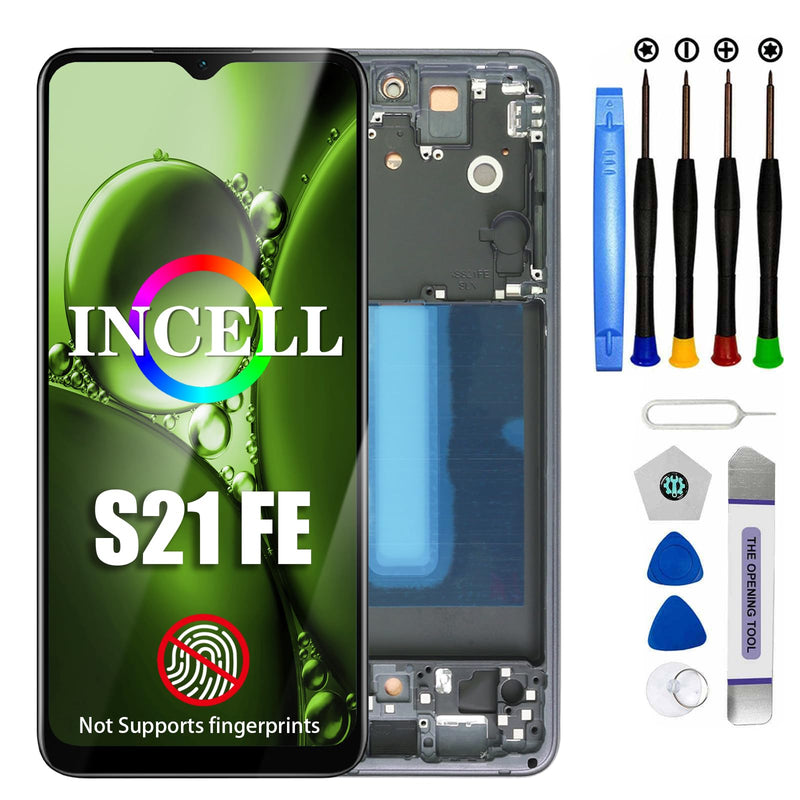 for Samsung Galaxy S21 FE Screen Replacement S21 FE 5G SM-G990U G990W G990B G990E Incell Screen Replacement LCD Display digitizer Touch Screen Assembly with Tools (Black with Frame)