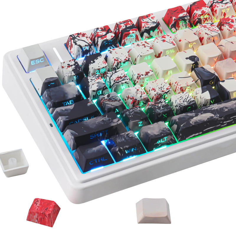 Tsungup Custom Japanese PBT Cool Keycaps, Key Caps Keyboard Keycap Set | Blossom Samurai Side Printed 131 Keys Cherry Profile for Cherry MX Switches Mechanical Keyboard