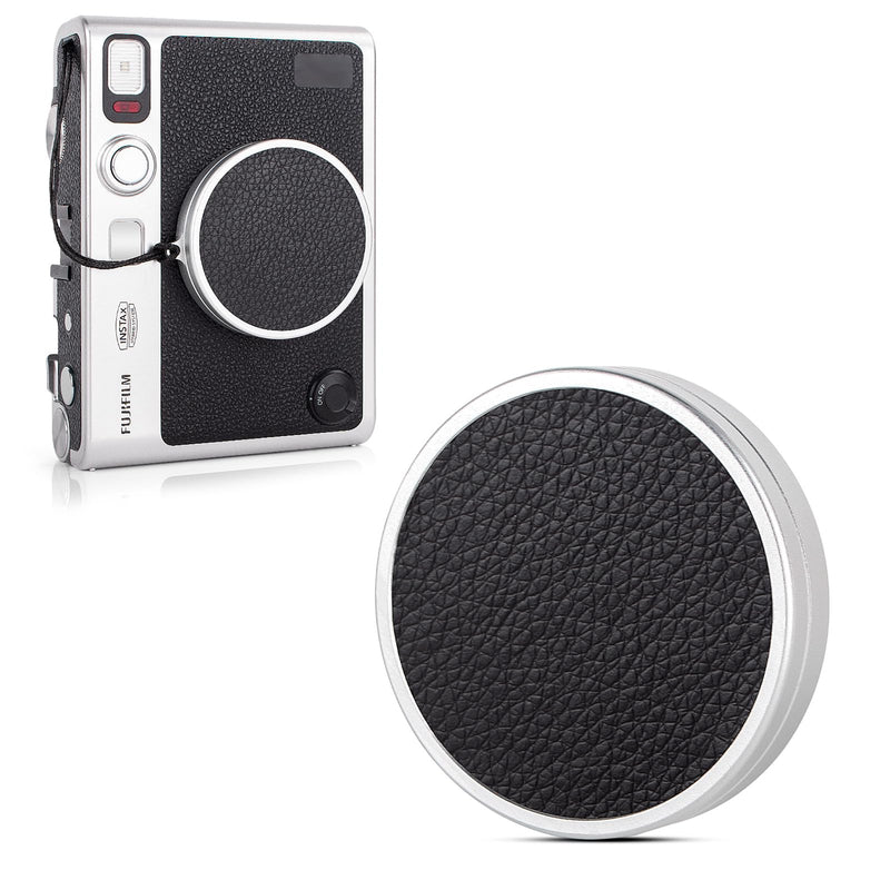 Rieibi Lens Cap for Fujifilm Instax Mini Evo, Fuji Instax Accessories - Anti-Scratch Retro Leather Aluminum Lens Cover with Flocking Internal, Anti-Lost Wrist Strap-Black Texture Black