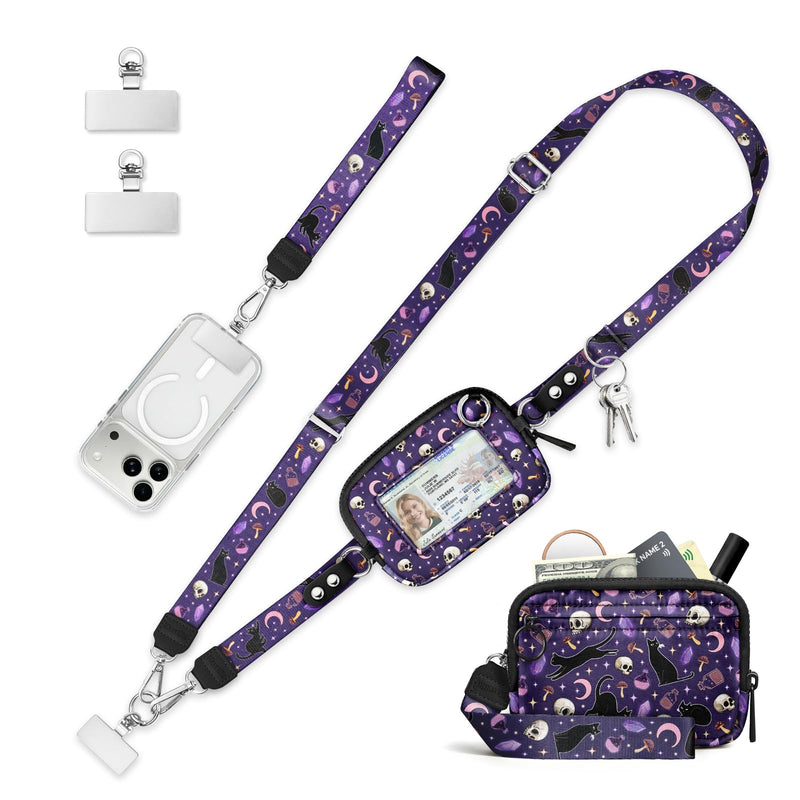 Clip and Go Strap for Phone with Wallet Crossbody Lanyard Goth Cat | Adjustable, Detachable RFID Wristlet Wallet, Cell Phone Wrist Strap, Travel Cruise, Key Zipper Card Purse, Women Teacher Gift Cats Skull Medium