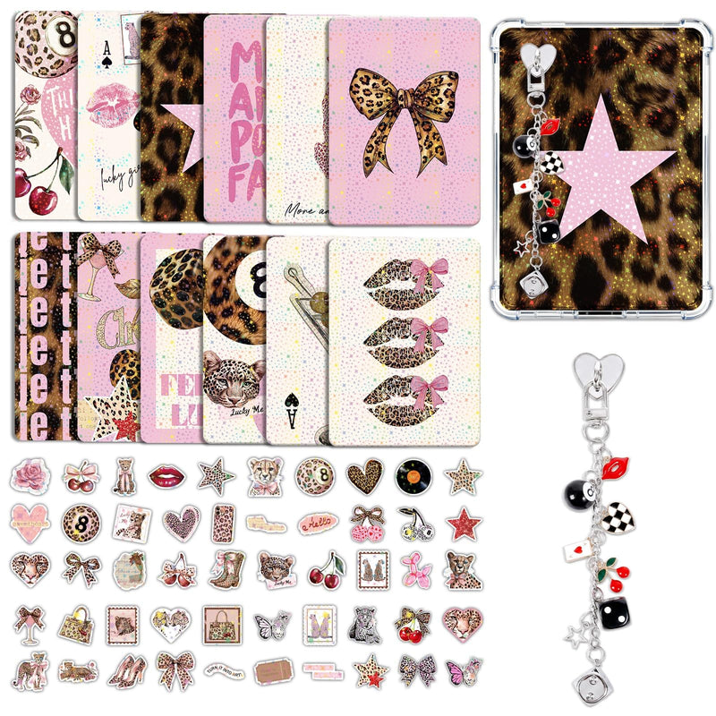 Rngmsi Insert Cardstock Charm for Kindle - 12Pcs Retro Cherry Leopard Print Cardstock Inserts Compatible with Kindle, Aesthetic Stickers Chain Charm with Hook Decorating Accessories for E-Reader