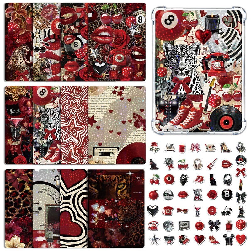 Rngmsi Insert Cardstock for Clear Case - 12Pcs Red Cherry Leopard Print Cardstock Inserts Compatible with Kindle Paperwhite 11th-12th, 50Pcs Vintage Y2K Stickers for E-Reader Clear Back Cover