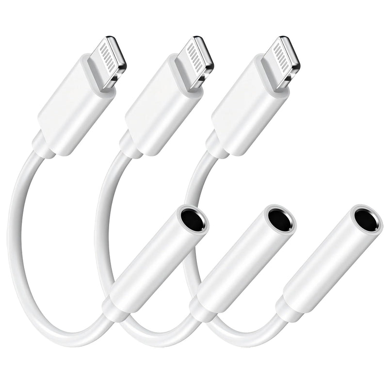 [Apple MFi Certified] Lightning to 3.5mm Headphone Jack Adapter for iPhone | Clear Audio for Music and Media; Compatible with iPhone 14/13/12/11/X/XS/8/7; Compact White 3-Pack, Plug and Play. 3 Pack