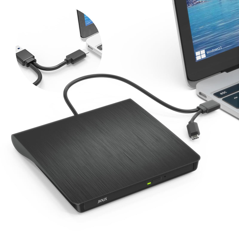 2 in 1 External CD DVD Drive, USB 3.0 and Type-C Disc Reader Burner Player | Optical Drive for PC Laptop Desktop MacBook Mac Windows Linux OS Apple Dark Black