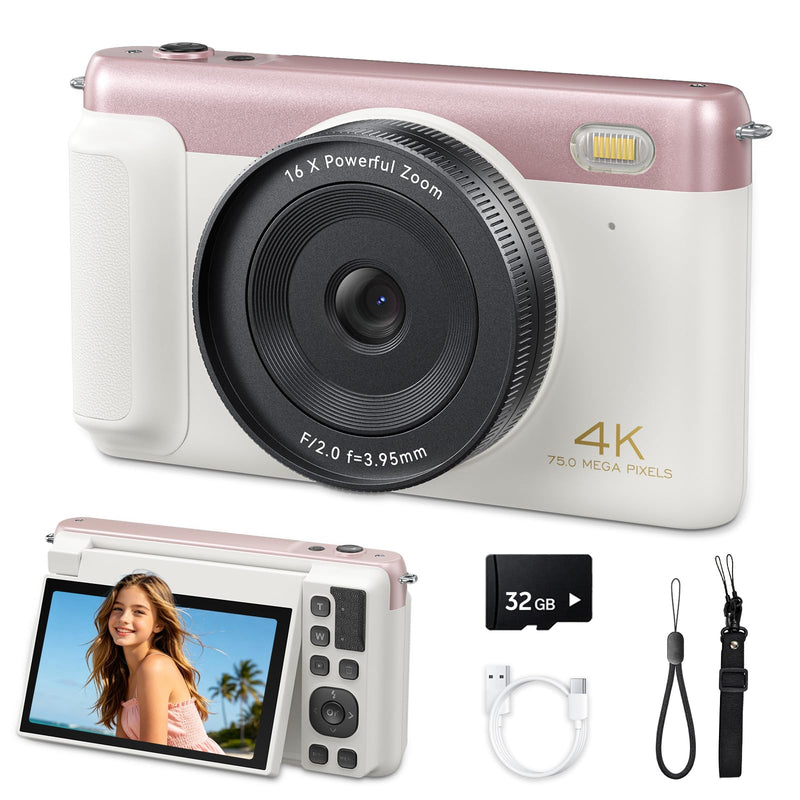 Digital Camera for Teens, 2026 Latest 4K 75MP Autofocus WiFi Vlogging Camera with 3''180° Flip Screen, 16X Zoom, 32GB TF Card, Portable Compact Cameras for Kids Teens Beginner (White)