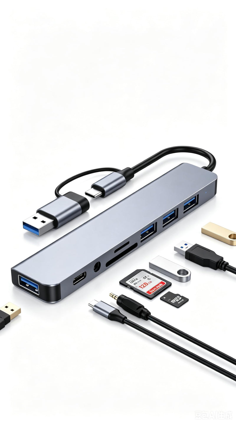 Eanetf 8-in-1 USB C Hub 2-in-1 Connector 4 USB A for Laptop Mac | 2-in-1 USB-A/USB-C connector, 1x USB 3.0 + 3x USB 2.0 + USB-C data, SD/TF dual card slots, 3.5mm audio jack, Plug and play