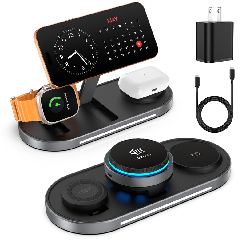 25W 3 in 1 Wireless Charging Station for Qi2.2 Magsafe Charger for Apple | for iPhone 17 16 15 14 Pro Max,Apple Watch,Airpods,Foldable Charging Stand, Cooling Fan, Multi Device Charging, Travel, Black