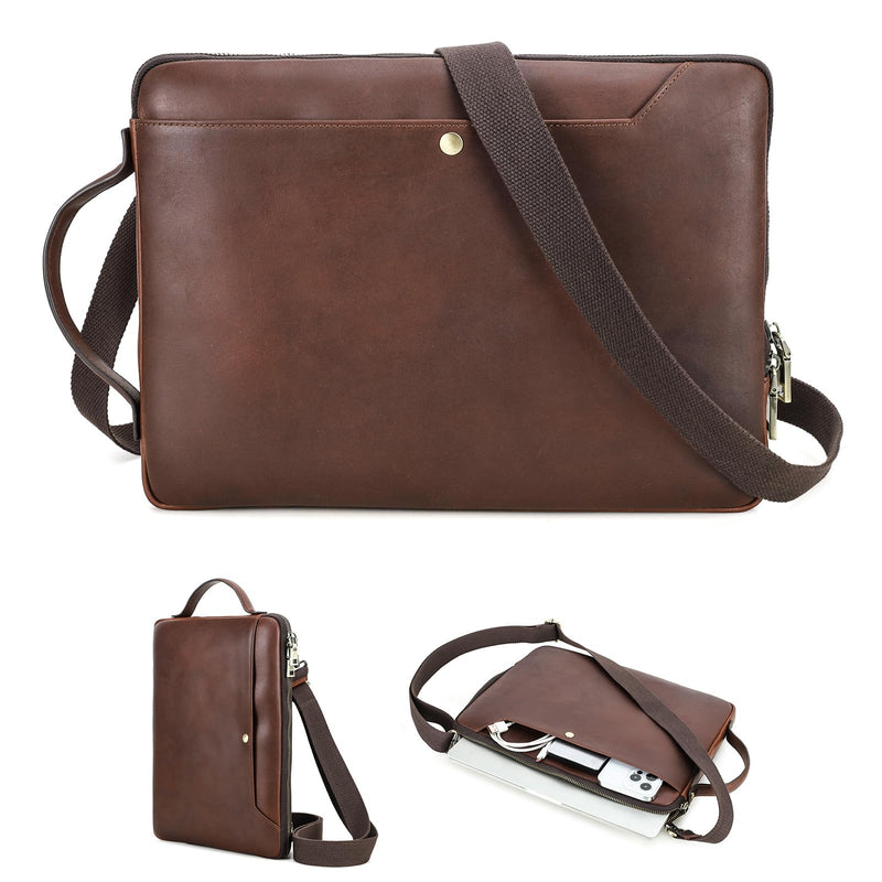 Hiram Laptop Shoulder Bag Handmade Crazy Horse Leather Briefcase Lightweight Computer Bag Coffee