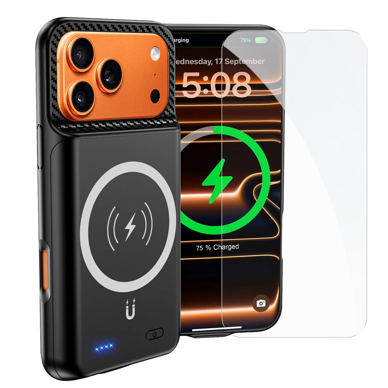 New 10000mAh Rechargeable Portable Battery Case with Wireless Charging Case Extend Battery Pack Charger Cover Compatible for iPhone 17 Pro Max (6.9 inch) Black