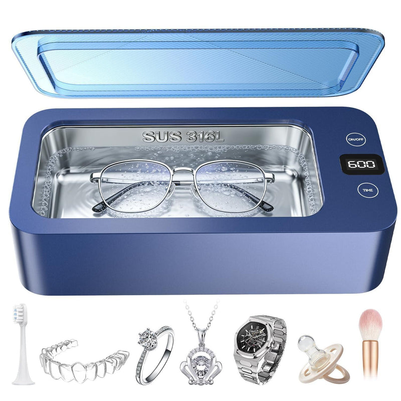 Ultrasonic Jewelry Cleaner, 50khz Professional Ultrasonic Cleaner Machine for Jewelry, Eyeglasses, Watches, Dentures,5 Time Modes,316 Stainless Steel Tank,500ml Capacity (Blue) Blue