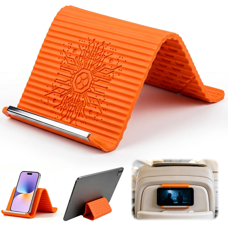 1PCS Flexible Silicone Phone Stand Holder, Foldable Adjustable Cell Phone Stand, Portable Anti Slip Airplane Phone Holder for Bed, Office, Kitchen, Travel, Compatible with Smartphone, Tablet（Orange） Orange