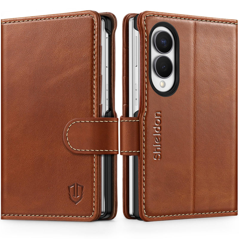 SHIELDON Genuine Leather Wallet Case for Galaxy Z Fold 8 7.6", Retro Brown | Magnetic Closure, RFID Blocking, Credit Card Holder, Kickstand, Folio Design, Shockproof Protective Cover for Men Women