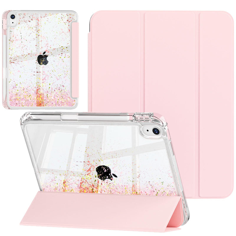KenKe Case for iPad (A16) 11 Inch 2025/10th Gen 10.9 Inch 2022, Pink | with Pencil Holder, Hard PC Back Sand Cover, Flowing Glitter Cute Star on Transparent Back, Ultra-thin, Shockproof, Light