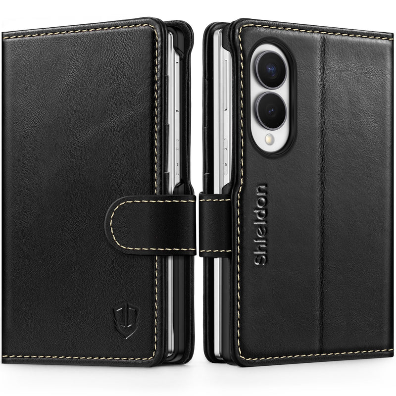 SHIELDON Real Leather Case Wallet for Galaxy Z Fold8 7.6", Retro Black | RFID Blocking, Credit Card Holder, Magnetic Closure, Kickstand, Folio Design, Shockproof Phone Cover