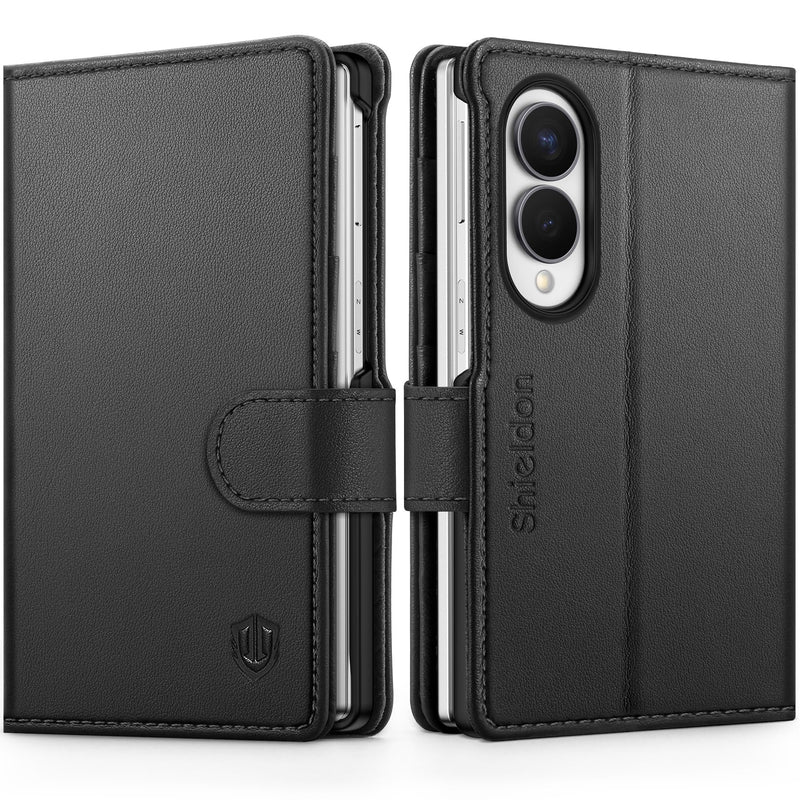 SHIELDON Genuine Leather Wallet Case for Galaxy Z Fold 8 (7.6" 2026), Black | Magnetic Closure, RFID Blocking, Credit Card Holder, Kickstand, Folio Design, Full Protection, Shockproof Phone Cover