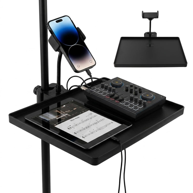 Mic Stands Tray with Phone Holder, 11" x 10.8" Large Microphone Stand Trays Shelf, Adjustable Non Slip Music Stand Accessory for Music Stand Live Streaming Karaoke, Fit 2.2-5.5 lb Mic Stands Tray with Phone Holder