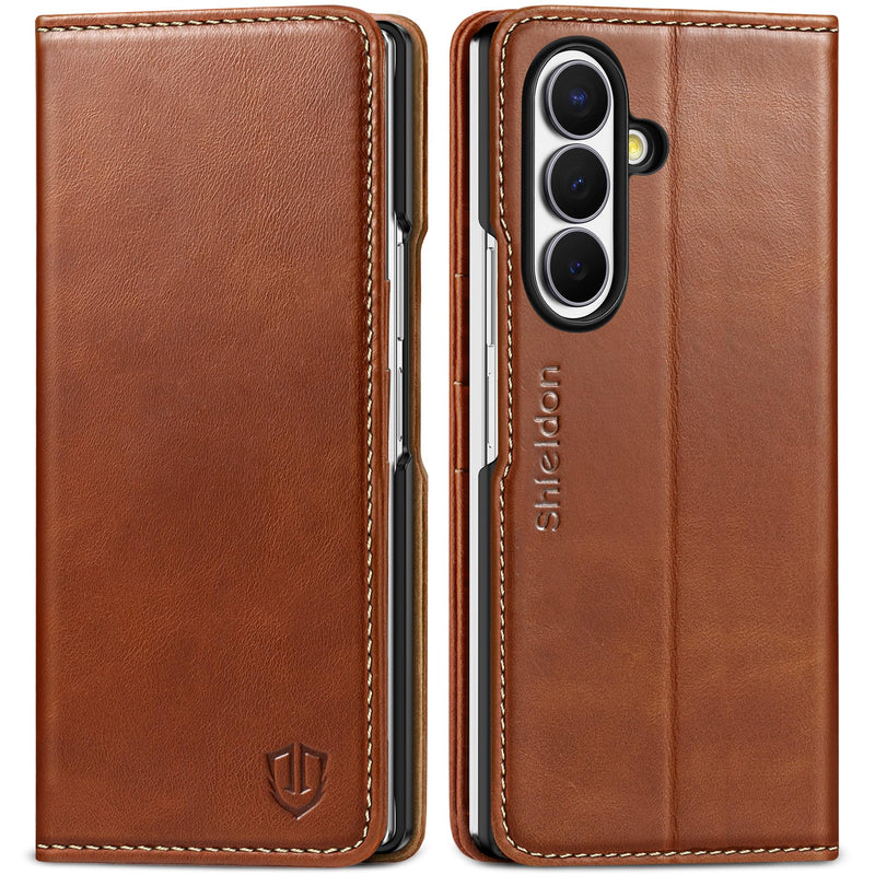 SHIELDON Genuine Leather Wallet Case for Galaxy Z Fold 8 Ultra, Retro Brown | Folio Magnetic Cover, RFID Blocking, Credit Card Holder, Kickstand, Fodable Design, Shockproof Protective Shell for Men Women