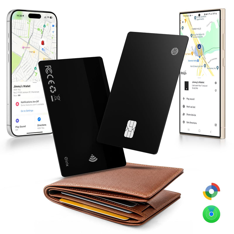eirix 2 Pack Wallet Tracker Card (iOS and Android) Ultra Slim 0.07in IP68 Waterproof Rechargeable Work with Apple Find My & Google Find Hub, Item Locator for Card Holder,Passports,Money Clips