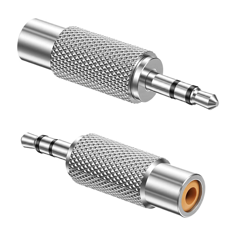 RCA to 3.5mm Audio Adapter, 3.5mm (1/8 Inch) Stereo Plug Male to RCA Female Jack, Metal Adaptor Connector, Silver, 2 Pack, 3-Pole