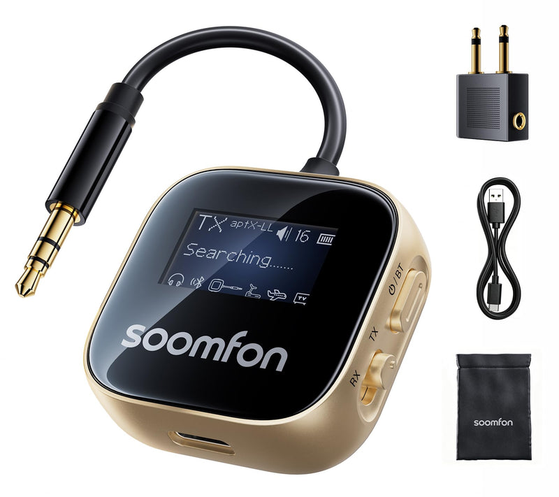 SOOMFON aptX-LL Bluetooth 5.3 Transmitter Receiver for TV to 2 Headphones | Airplane Bluetooth Adapter Low Latency with LCD Display 3.5mm for Plane Flying Gym Car Home Stereo System 23H Long Playtime