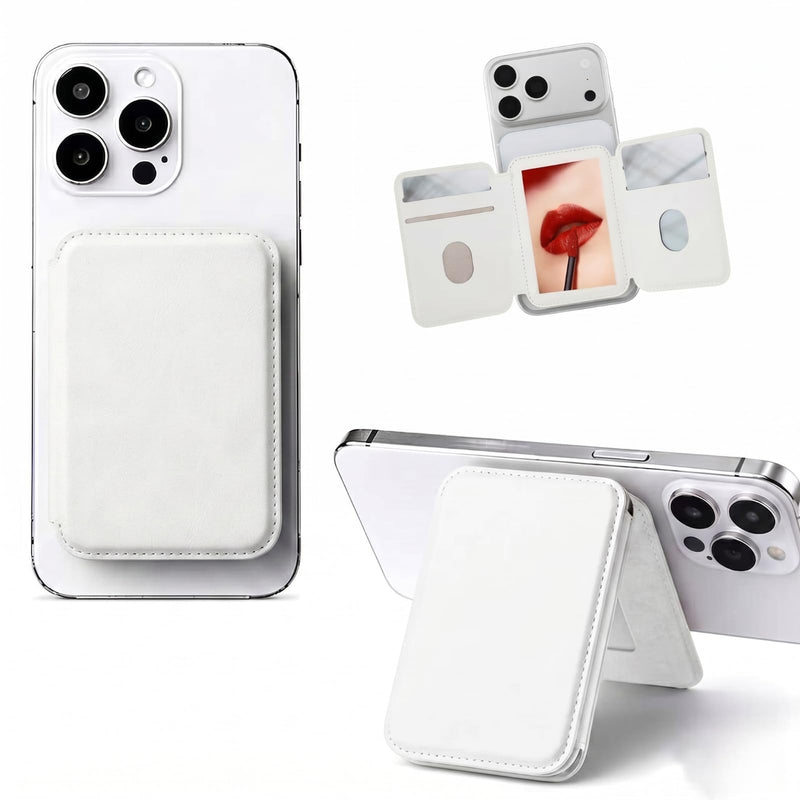 Compatible with MagSafe Wallet for iPhone 12–17 Series, 3-Fold Magnetic Card Holder with Makeup Mirror & Kickstand, RFID Blocking Slim PU Leather Phone Wallet Sleeve for Magnetic Case (Cloud White) Cloud White