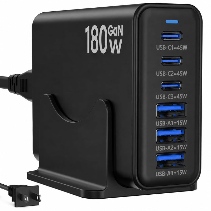 180W GaN Charging Station, 6 Port Desktop Charger, 3 Ports 45W | Fast Charging Block for Multiple Devices, 3 USB C 45W, 3 USB A 15W, Work for Samsung Galaxy, MacBook, iPhone, Home Office Black-180 3A+3C Ports