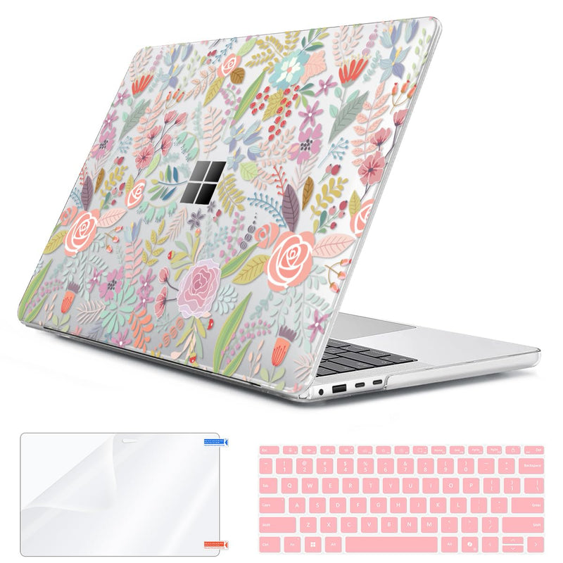 Case Compatible with 13.8" Microsoft Surface Laptop 7 Windows 11 PC 2024 Release Model 2036, Plastic Hard Shell Case + Keyboard Cover + Screen Protector + Webcam Cover, Pink Flower