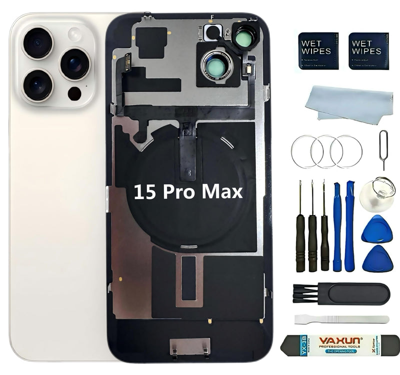 Back Glass Replacement for iPhone 15 Pro Max 6.7inch Back Cover with Wireless Charging Coil Flex Cable+Flashlight +Camera Frame (White, iPhone 15 Pro Max) 15 Pro Max-White