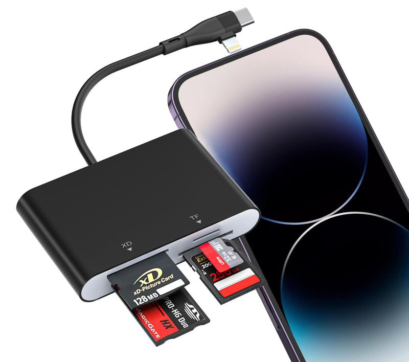 Memory Stick Pro Duo Adapter, USB-C & Lightning, SD/TF/MS/xD Card Reader | 4-in-2 Memory Stick Pro Duo Reader for Sony Cybershot SD Card; Works with iPhone 17/16/14, iPad, MacBook, PC, USB-C Devices Black