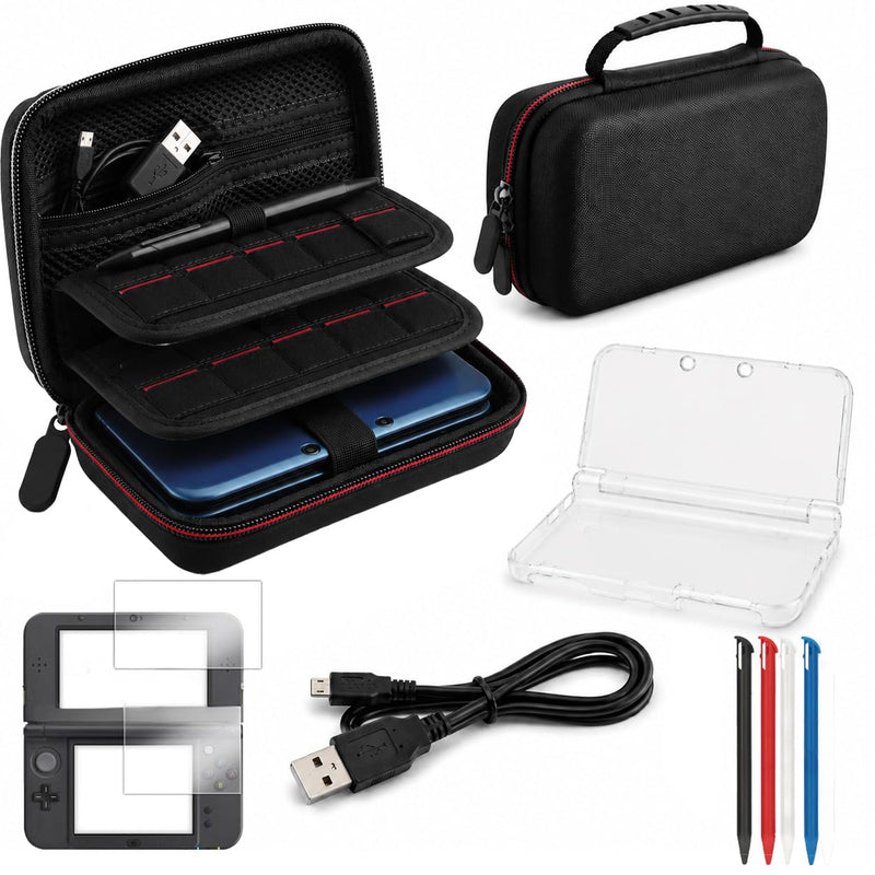 QUBAMG 6-1 Accessories Kit Compatible with New Nintendo 3DS XL/LL, Hard EVA Carrying Case, Clear PC Protective Case, Charger Cable, 4 Replacement Stylus Pens, Screen Protector Set, Cleaning Wipes, Full Protection Bundle