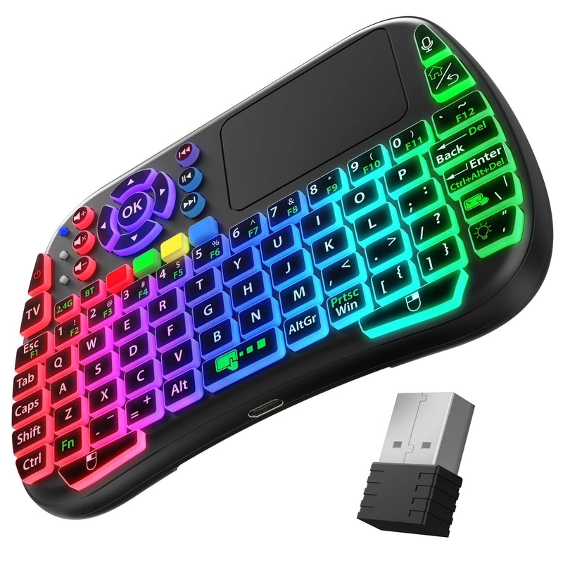 Fosmon Mini Keyboard with Touchpad Mouse, 2.4G & 5.2 Dual-Mode Multimedia Hotkeys, Small Wireless Bluetooth Handheld Keyboard with RGB Backlit for Android TV Box, Smart TV, Raspberry Pi, PC, Phone