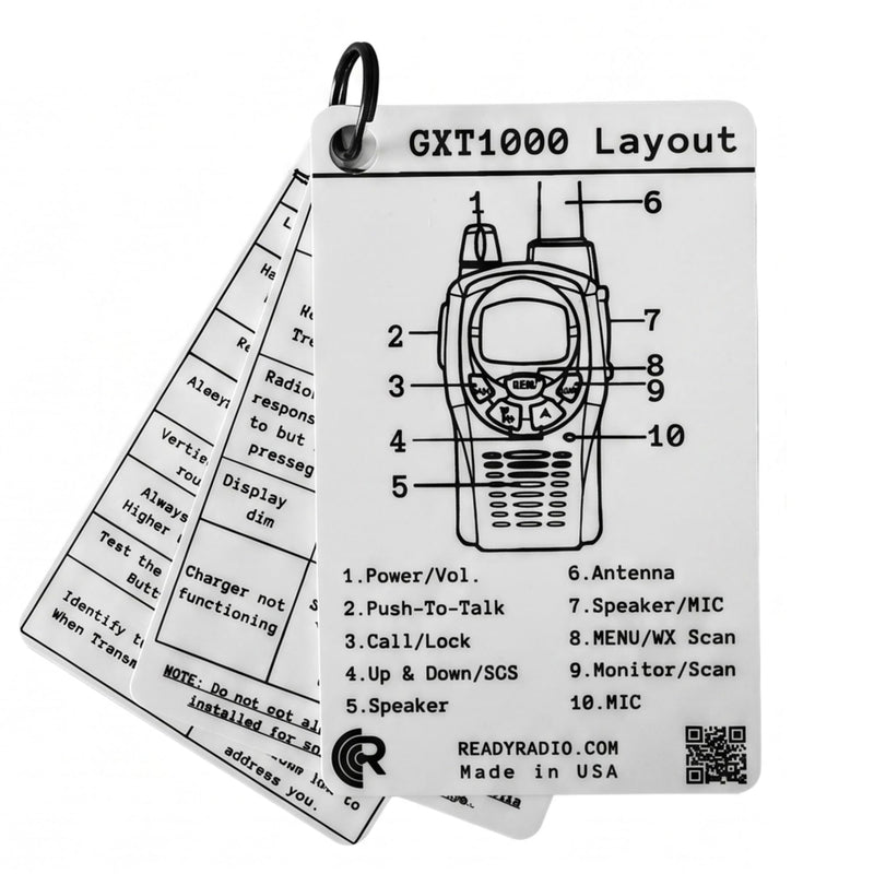 Midland GXT1000 Reference Card - HAM, GMRS, FRS, MURS Frequency Guide | NOAA weather, PACE plan, CTCSS/DCS tones. Waterproof pocket reference for preppers and EMCOMM. Ready Radio.