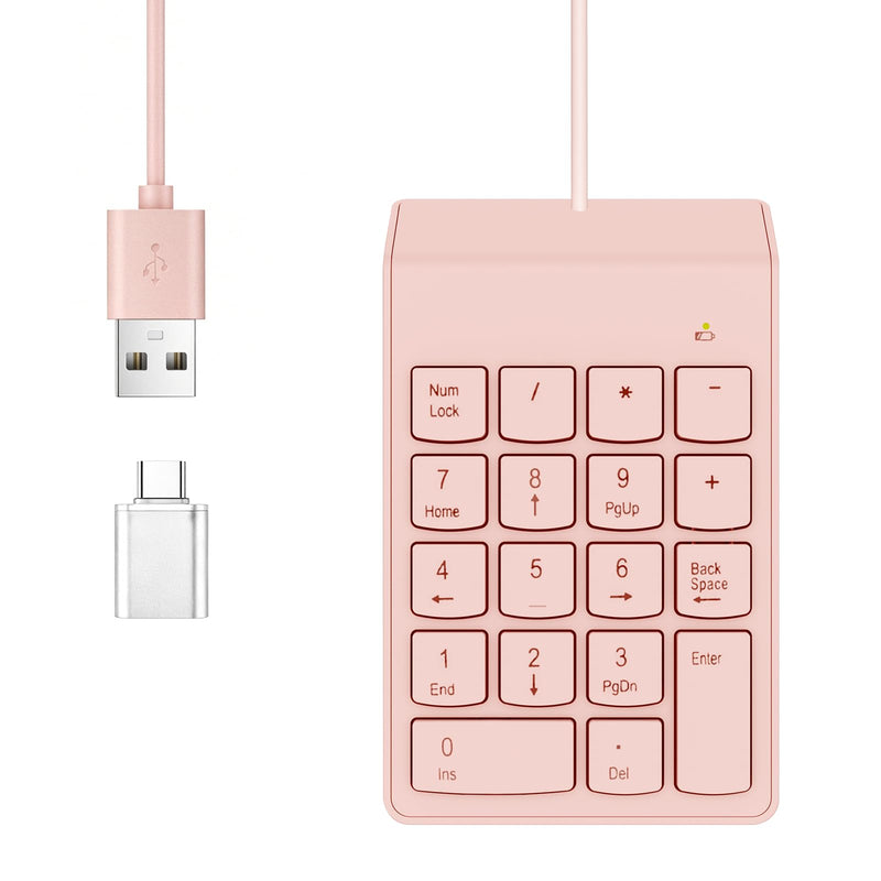 NOOX Wired Number Pad with USB to USB-C Adapter, Pink | Numeric Keypad 18 Keys, Portable Financial Number Keyboard, 10 Key USB Keypad for Laptop, Desktop, Surface Pro, Notebook