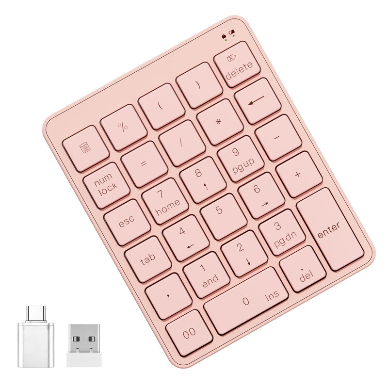 Wireless Number Pad with USB to USB-C Adapter, Numeric Keypad Numpad 28 Keys Portable 2.4 GHz Accounting Number Keyboard, 10 Key USB Keypad for Laptop, PC, Desktop, Surface Pro, Notebook - Pink