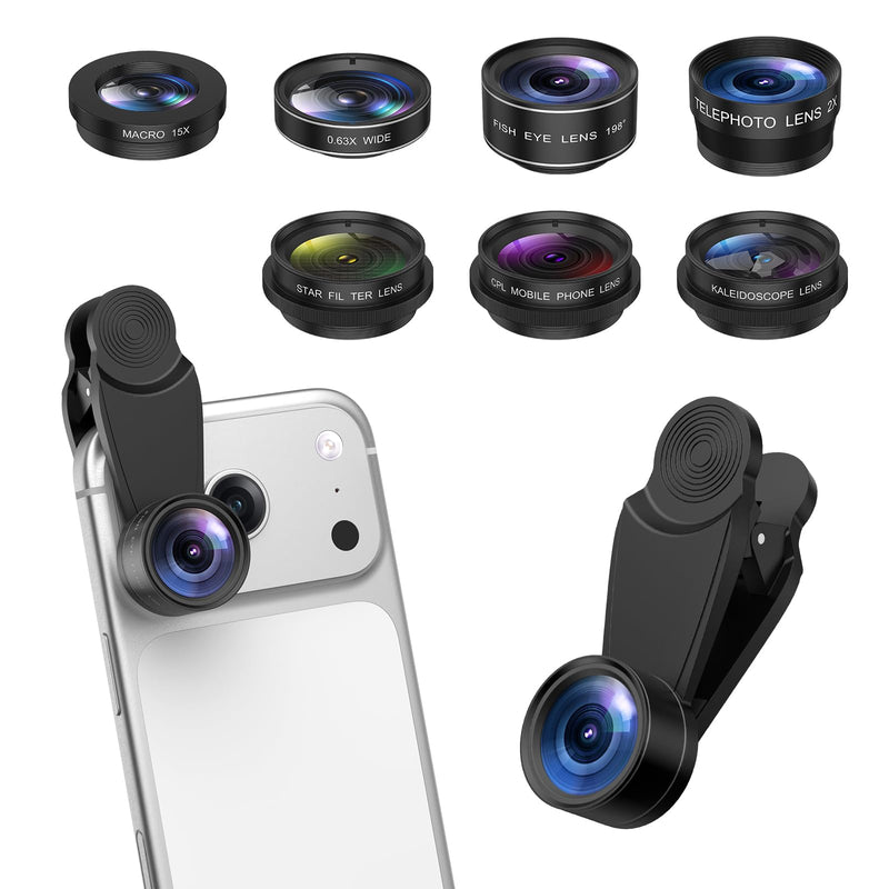7-in-1 Cell Phone Camera Lens Kit, 15X Macro, 0.63X Wide Angle, 2X Telephoto, 198° Fisheye, CPL, Star & Kaleidoscope Filters, Compatible with iPhone, Samsung & Most Major Smartphone