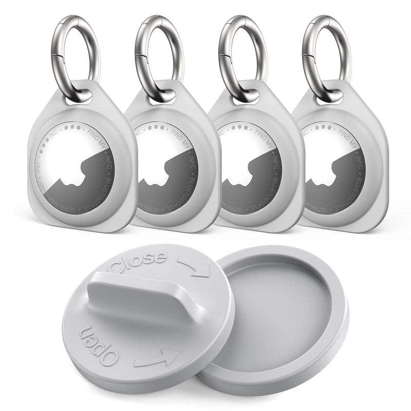 Silicone Keychain Case for AirTag 4 Pack with Battery Opener Gray | Anti-Scratch Silicone Air Tag Holder With Anti-Loss Key Rings and Battery Opener Tool for Keys, Backpack, Luggage and Pets Soft Silicone